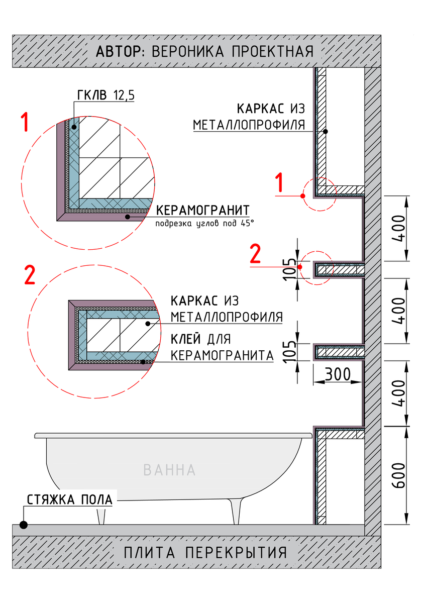 Чертеж (схема) полок из гипсокартона и плитки (разрез)